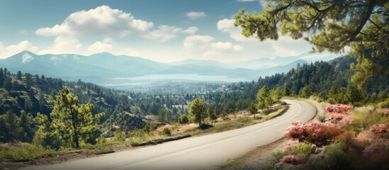 Poster - Spring in the Troodos Mountains, a scenic country lane with a view of valleys and countryside, perfect for a copy space image.