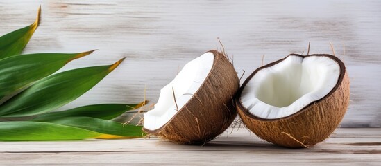 Poster - Two appealing tropical coconuts with green leaves and white flakes on a wooden table, providing a summery copy space image for vegetarian recipes.