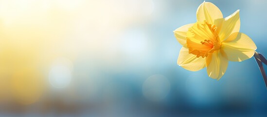 Poster - Yellow double daffodil flower blooming against a blurry background on a sunny day, symbolizing the arrival of spring with a copy space image.