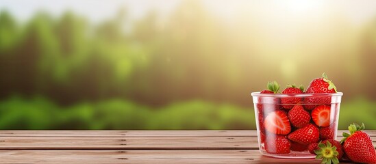 Poster - A strawberry in a transparent plastic cup is placed on a brown wooden table, creating a picturesque copy space image suggesting a healthy breakfast.