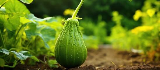 Poster - A young green gourd growing in the vegetable garden with copy space image.