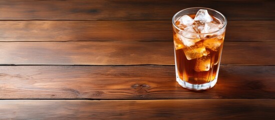 Poster - Iced jasmine tea on wooden surface with copy space image.