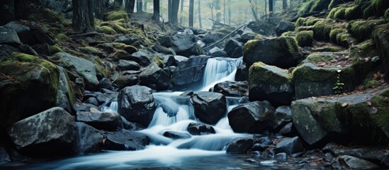Poster - Water cascading through rocky terrain in a forest setting with copy space image available.