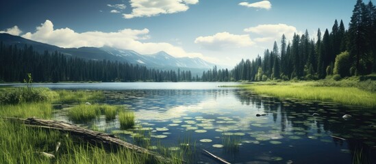 Aufkleber - A scenic landscape featuring a stunning forest by a tranquil lake under a vast sky with copy space image.