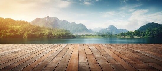 Poster - Wooden bridge pier overlooking stunning landscape, with space for inserting images.