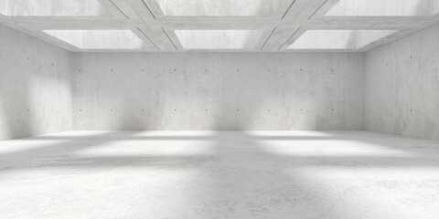 Abstract empty, modern concrete room with open square tiles in the ceiling and rough floor - industrial interior background template