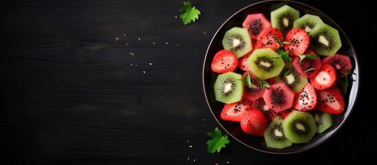 Poster - A plate featuring watermelon and kiwi arranged neatly on a white background, showcasing healthy vegetarian food with copy space image.