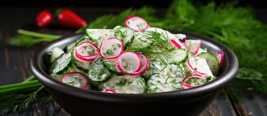 Poster - Radish cucumber salad garnished with fresh dill for a refreshing copy space image.