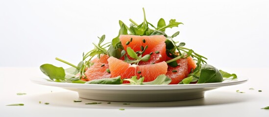Poster - Tasty grapefruit salad on a plate with a white background, perfect for a copy space image.