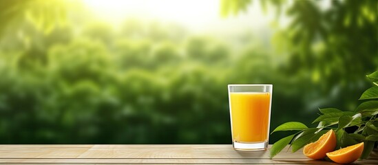 Poster - A glass filled with orange juice stands on a table against a lush green backdrop with copy space image.