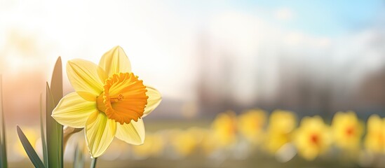 Poster - Yellow double daffodil flower blooming against a blurry background on a sunny day, symbolizing the arrival of spring with a copy space image.