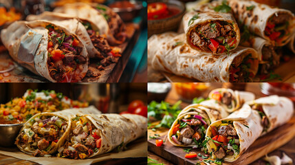 Poster - Four Delicious Beef Burrito Variations With Fresh Ingredients