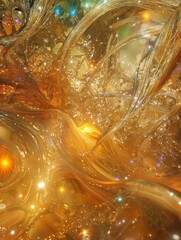 Canvas Print - A captivating abstract fractal image featuring swirling gold shapes and glowing lights