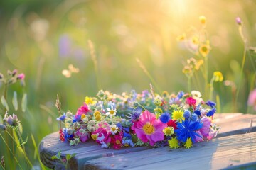 A vibrant flower crown adorned with colorful wildflowers rests on a rustic wooden table amidst the sun-drenched meadow of a Swedish Midsummer celebration.