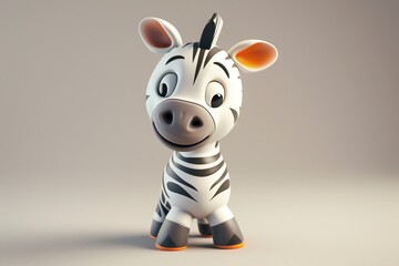 Wall Mural - Anthropomorphic cute and happy baby Zebra character, monochrome color scheme with hints of orange, posed elegantly against a clean, uncluttered background