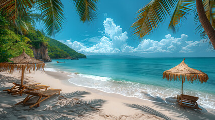 Poster - A beach with a few umbrellas and chairs. The beach is empty and the sky is blue& Panorama beautiful beach with white sand, turquoise ocean and blue sky with clouds on Sunny day.