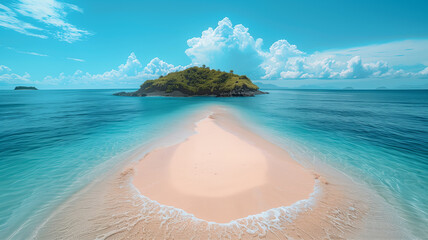 Poster - A beautiful summer beach with a small island in the distance. The water is calm and the sky is clear