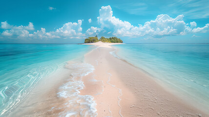 Poster - A beautiful summer beach with a small island in the distance. The water is calm and the sky is clear
