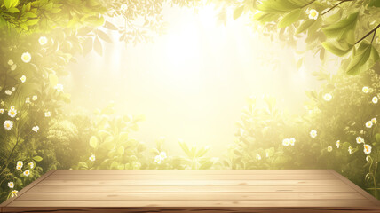 Aufkleber - Spring beautiful background with green lush young foliage and flowering branches with an empty wooden table on nature outdoors in sunlight 
 garden