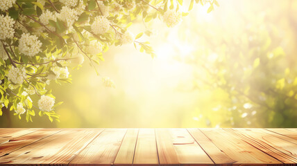 Aufkleber - Spring beautiful background with green lush young foliage and flowering branches with an empty wooden table on nature outdoors in sunlight 
 garden