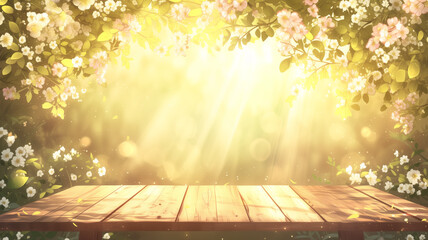 Aufkleber - Spring beautiful background with green lush young foliage and flowering branches with an empty wooden table on nature outdoors in sunlight 
 garden