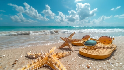 Poster - A pair of sunglasses and a starfish are laying on the beach. The scene is bright and sunny, with the ocean in the background