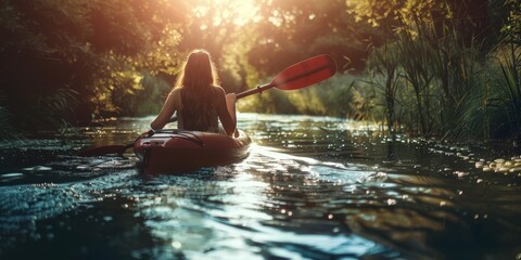 Wall Mural - A woman is paddling a kayak in a river