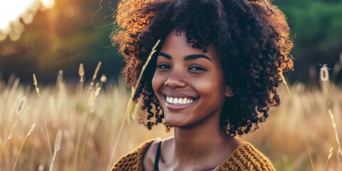 Wall Mural - A woman with curly hair is smiling in a field of tall grass