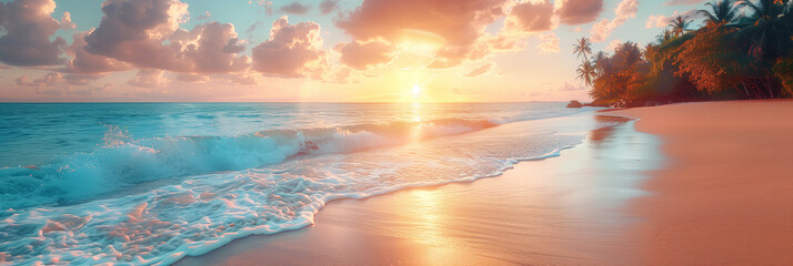 Poster - A beautiful sunset over the ocean with a wave in the water. The water is a deep blue color and the sky is a mix of orange and pink
