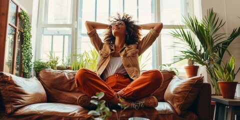 Wall Mural - A woman is sitting on a couch with her arms crossed and a smile on her face