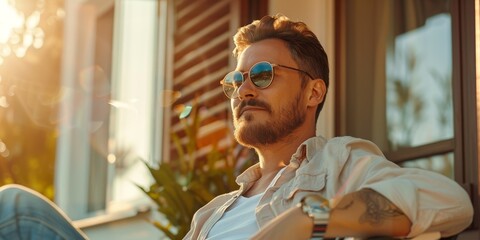 Sticker - A man wearing sunglasses and a white shirt is sitting on a bench