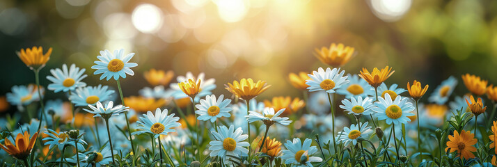 Aufkleber - A field of flowers with a bright blue sky in the background. The flowers are a mix of white and orange, Summer floral nature background