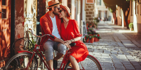 Wall Mural - A couple is sitting on a red bicycle, smiling at each other