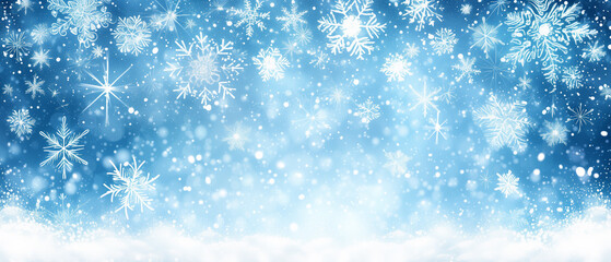 Aufkleber - Winter snow background with snowdrifts, with beautiful light and snow flakes on the blue sky in the evening, banner format
