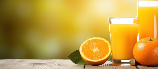 Aufkleber - Oranges and fresh squeezed orange juice close up on light wooden background. Creative banner. Copyspace image