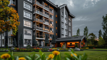 Poster - A large apartment building with balconies and a view of the sky