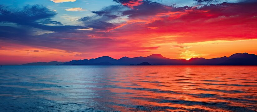 Beautiful colorful sunset at the montains at the sea. Creative banner. Copyspace image