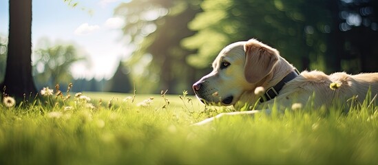 Poster - A dog is sitting in a park. Creative banner. Copyspace image