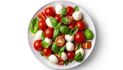 Canvas Print - Plate of tasty salad Caprese with tomatoes, mozzarella balls and basil isolated on white, top view