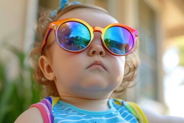 Adorable little girl wearing oversized rainbow sunglasses outdoors