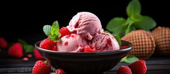 Poster - The frozen strawberry yogurt ice cream with fresh strawberry and raspberry in a wafer bowl. Creative banner. Copyspace image