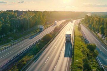 Wall Mural - Trucks driving along scenic highway on sunny day, transportation essence captured