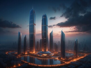Canvas Print - AI generated illustration of a dramatic nighttime view of a futuristic city skyline