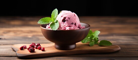 Poster - Homemade cranberry ice cream and mint sprig in a wooden bowl on a white table selective focus. Creative banner. Copyspace image