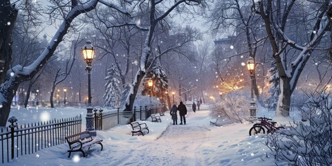 Wall Mural - A snowy park with a couple of people walking on a path