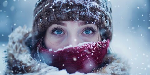 Sticker - A woman with blue eyes is wearing a red scarf and a brown hat