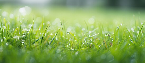 Leinwandbilder - Green grass in the dew on the nature. Creative banner. Copyspace image