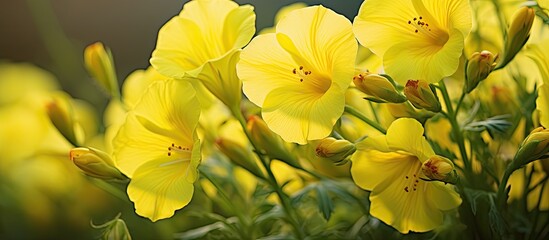 Poster - Yellow flowers of Evening primrose or Oenothera erythrosepala. Creative banner. Copyspace image