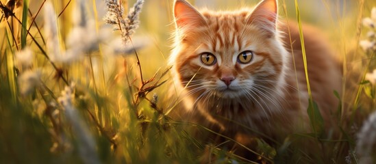 Poster - Orange cat wandering in high grass. Creative banner. Copyspace image