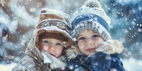 Wall Mural - Two young children are wearing hats and smiling in the snow